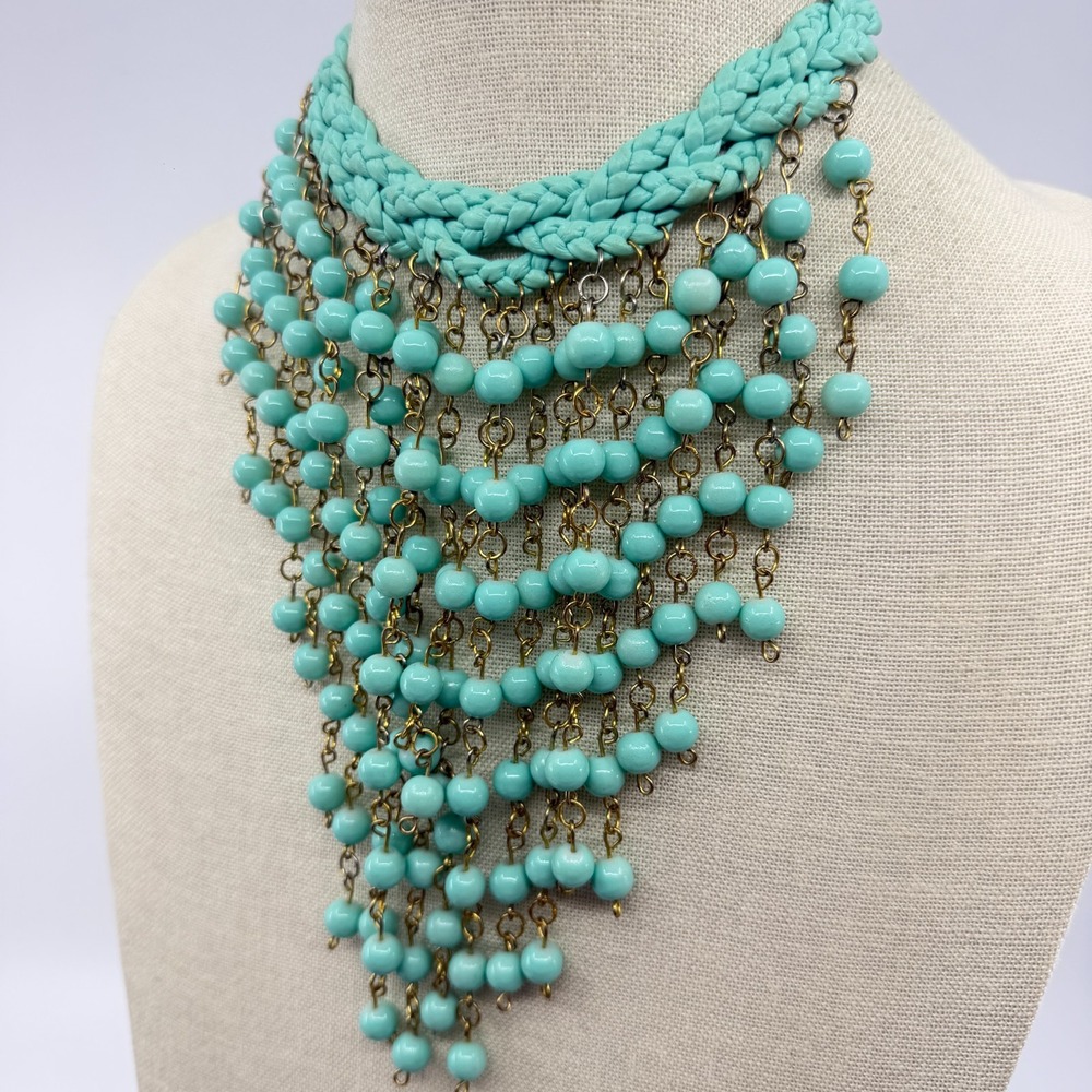 Turquoise Tone Blue Braided Statement Necklace Fringe Boho Festival Layer Gift - Picture 7 of 11
